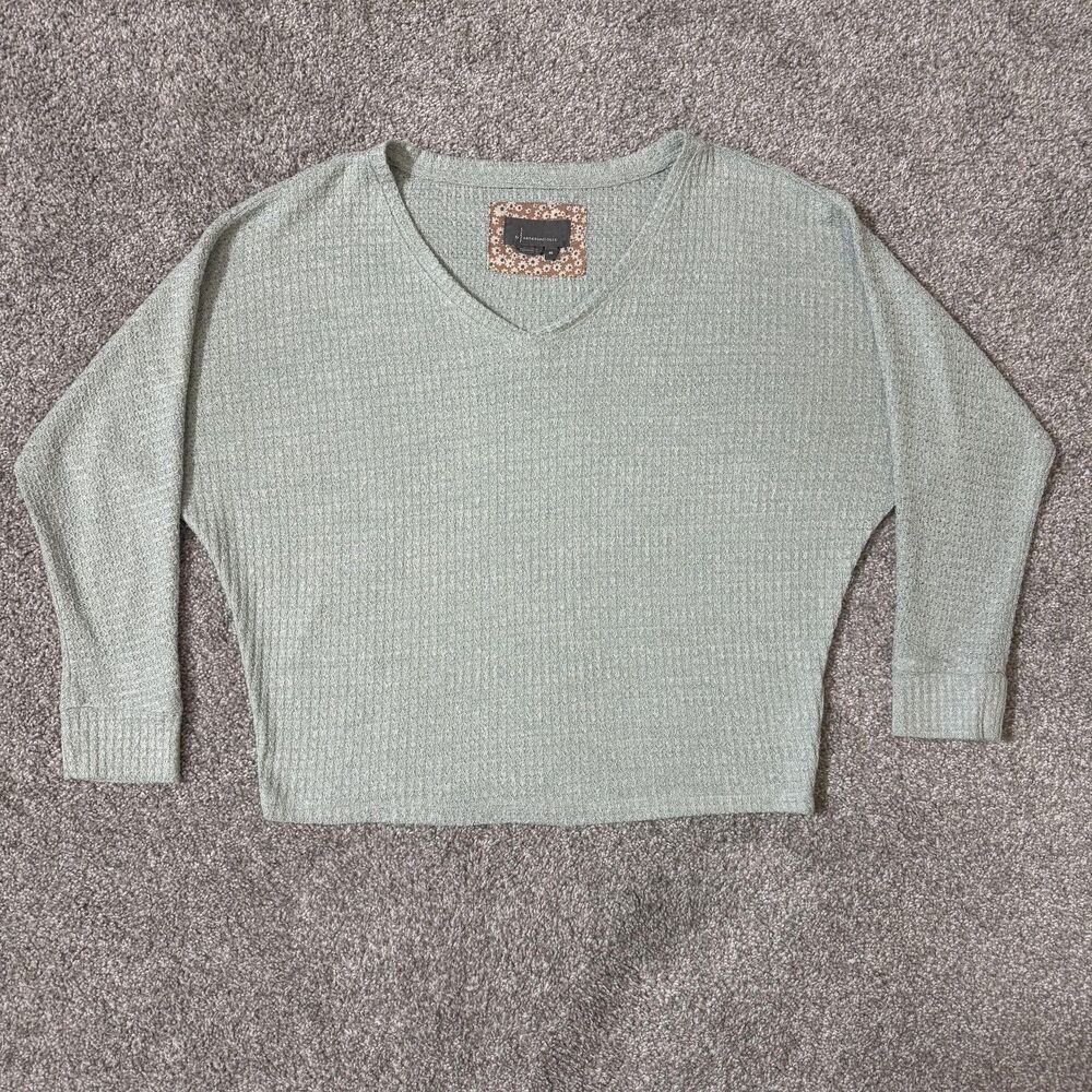 Anthropologie Sweater Womens XS Sage Green V Neck Waffle Knit Dolman Pullover